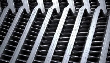 Abstract texture shot of aluminum grating industrial setting close-up photograph metallic environment artistic perspective