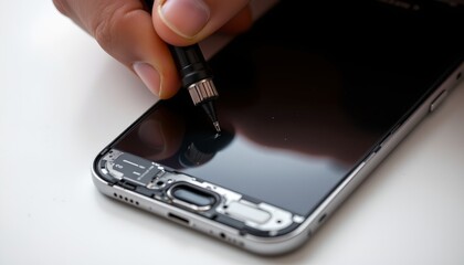 Applying a thin line of precision to smartphone screen repairs workshop space diy tutorial close-up view tech tip