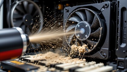 Cleaning computer components with compressed air spray in a tech workshop detailed procedure close-up view