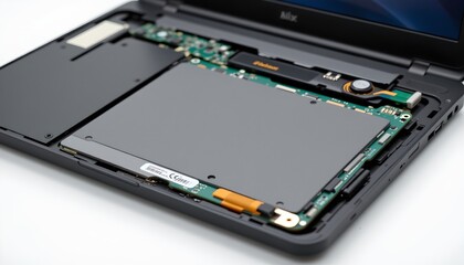 Closeup of laptop touchpad inner components tech workshop product photography macro view innovation exploration