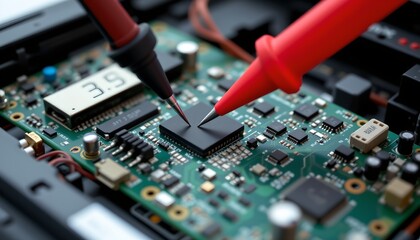 Precision testing of circuit board components electronics lab closeup photography controlled environment technical viewpoint