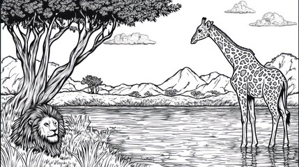 Black and white African safari scene, lion and giraffe, tranquil water, mountains, trees