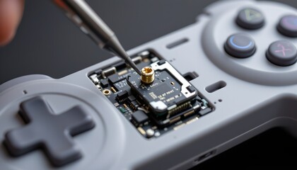 Closeup game repair process home workshop instructional video indoor macro photography diy techniques