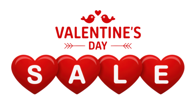 Vibrant Valentines Day sale graphic with glossy red hearts spelling SALE and romantic bird details on a bold black background for holiday promotions - Powered by Adobe