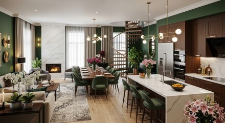 Luxury Open-Plan Living Space with Modern Kitchen, Elegant Dining Area, and Cozy Living Room Featuring Green Walls, Marble Fireplace, Spiral Staircase, and Stylish Furnishings