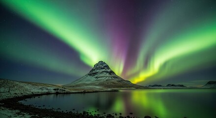 Spectacular Aurora Borealis and Vibrant Reflections over Kirkjufell Mountain, Iceland at Night