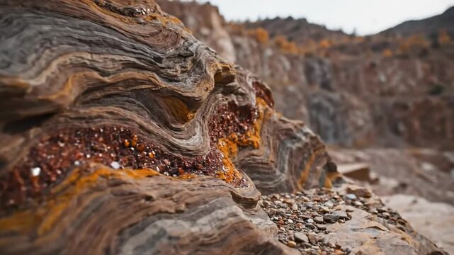 Close-up view of textured sedimentary rock formations with vibrant orange and brown mineral deposits in the rugged landscape.