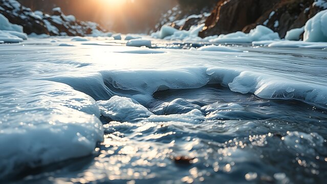 Landscape of a melting river breaking through ice in morning light.