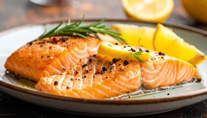 Delicious Pan-Seared Salmon Fillet with Lemon and Rosemary Garnish.
