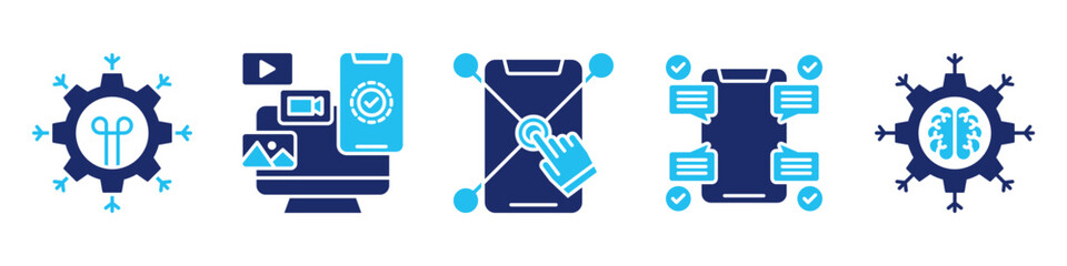 digital media icon set collection, for communication concept with icons technology, digital content, digital responsibility, digital media, ai. simple vector glyph duotone illustration