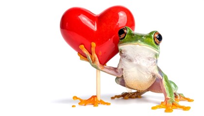 A Cute Tree Frog Holds a Red Heart Symbol.