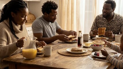 Happy black family eating breakfast with pancakes and orange juice while talking and laughing together at home