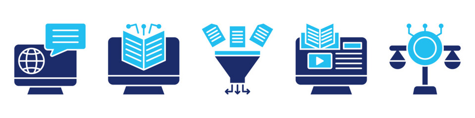 digital service icon set collection, for education concept with icons online service, digital literacy, filtering data, digital learning, digital ethics. simple vector glyph duotone illustration