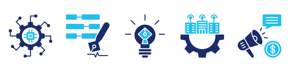 smart technology icon set collection, for innovation concept with icons smart system, tech translation, creating, digital infrastructure, promotion. simple vector glyph duotone illustration