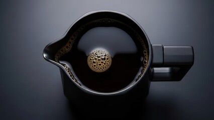 A black mug with a tea ball sitting in it on a dark surface with a gradient background