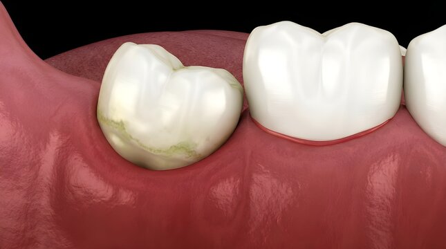 3D rendering of impacted wisdom tooth growing sideways against adjacent molar.