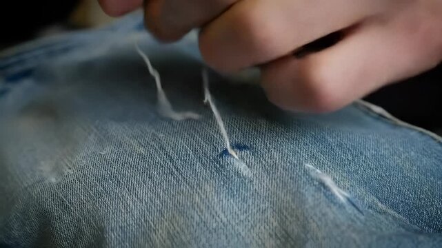 Closeup of blue denim fabric with visible stitching, frayed and distressed texture, detailed textile pattern, hands repairing jeans with white thread, macro view of mending, sustainable fashion
