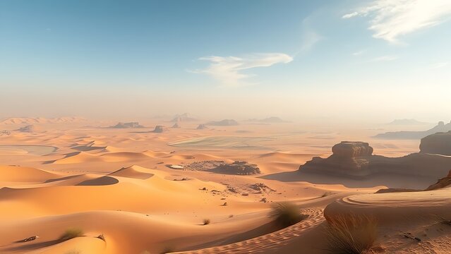 Mirage of an oasis over a desert landscape with heat distortion effect.