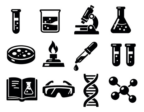 Solid icon science laboratory set featuring essential equipment like test tubes, a microscope, and molecular structures for chemistry and biology experiments