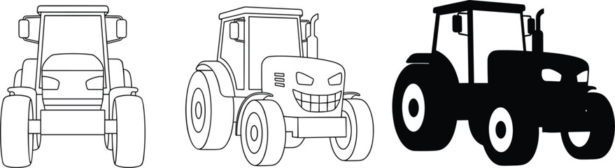 Farm tractor front view icon set with outline and solid styles isolated on white background vector illustration © Mst
