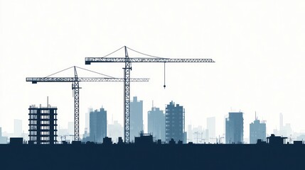 Cityscape construction cranes.  Silhouette urban skyline with cranes.  Possible use Stock photo for construction, architecture, or urban planning
