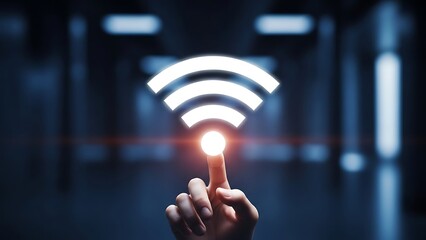 hand interacting hand pointing to glowing wifi symbol with blurred blue background  internet connection concept