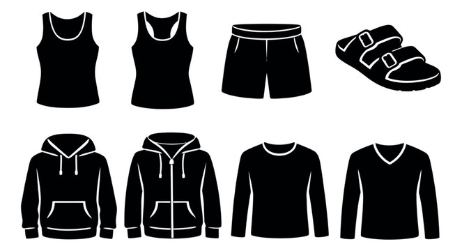Simple silhouette clothing and footwear set featuring tank tops, shorts, hoodies and sandals for casual wardrobe