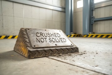 Crushed Not Solved Metal Sign on Industrial Floor