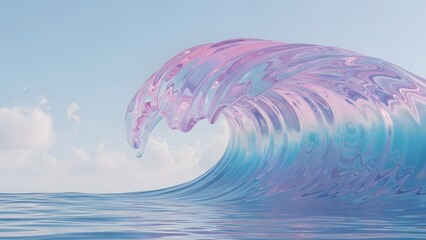 A vibrant iridescent wave curls powerfully in a surreal ocean landscape