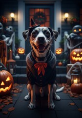 Happy Dog in Halloween Costume with Pumpkins on House Porch at Night