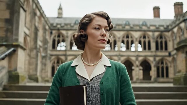 50's women fashion - A poised woman with vintage attire stands confidently in an ornate courtyard, highlighting elegant architecture with intricate designs and historic stonework