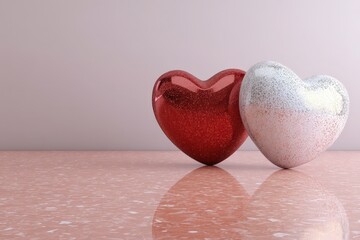 Fototapeta premium Two decorative hearts, one sparkling red and one textured white, rest upon a reflective surface