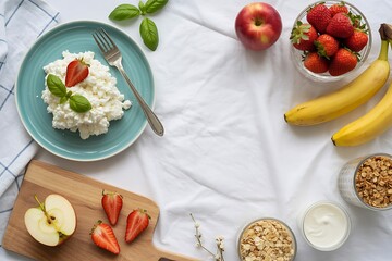 Delicious healthy breakfast flat lay with fresh fruits yogurt and granola on white tablecloth