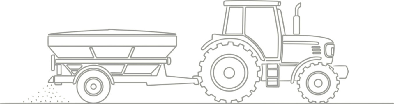 Farm tractor pulling fertilizer spreader trailer line illustration isolated on dark background vector design for agriculture farming equipment concept