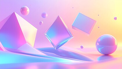 Abstract Geometric Shapes Floating in Pastel Gradient Background.