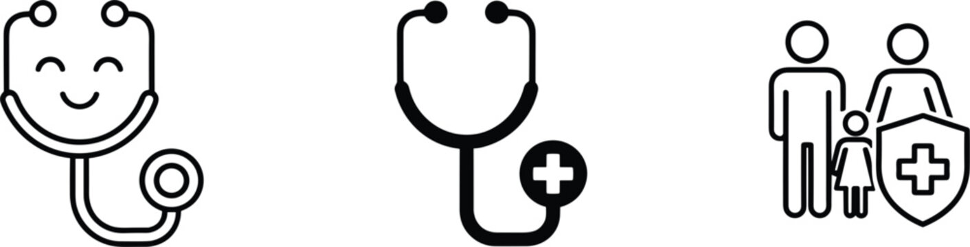 Healthcare protection and medical care icon set with stethoscope and family safety symbols isolated on white background vector illustration