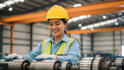 Young woman worker in yellow hard hat and safety vest inspects machinery parts factory industrial
