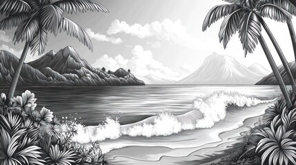 Tropical Beach Scene, Monochrome Landscape, Tropical Paradise, Calm Ocean