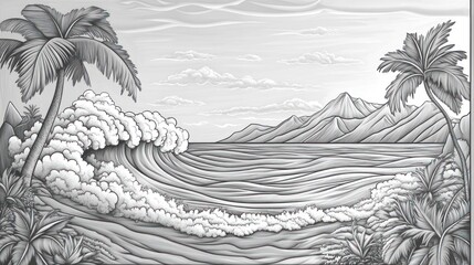 Tropical beach scene, waves crashing, landscape, graphic art, stock illustration