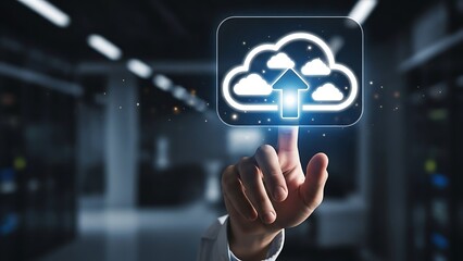 hand interacting Hand touching cloud icon with arrow for data storage and transfer in a server room  technology and computing concept