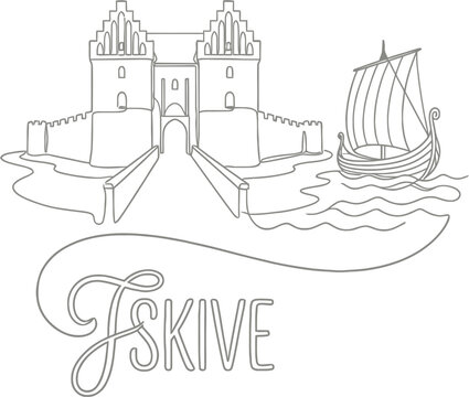 Skive Denmark castle and Viking ship line art vector illustration