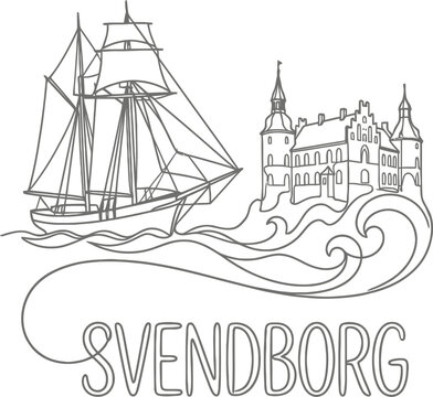 Svendborg nautical scene with sailing ship and castle vector illustration