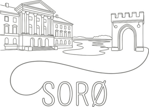 Soro Academy and city landmarks line art vector illustration