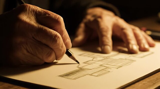 Close-up of Hands Drawing Architectural Plans on Paper.