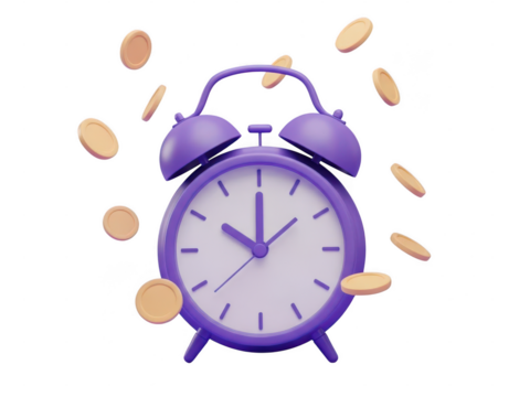 3d rendering of a purple alarm clock with falling coins isolated on transparent background - Powered by Adobe
