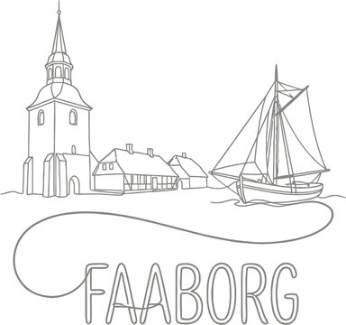 Faaborg Denmark skyline with bell tower and sailboat vector illustration