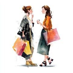 Two smiling young women holding colorful shopping bags enjoy a retail lifestyle sale, personifying fashion and joy as they shop for gifts together