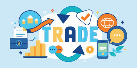 A modern, colorful trade logo featuring rounded letters and dynamic icons, conveying business growth and digital commerce.