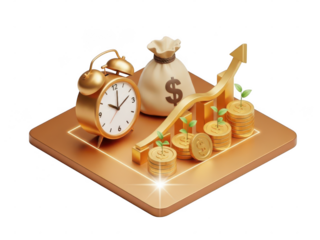 Golden alarm clock, money bag, and growing coin stacks with arrow isolated on transparent background