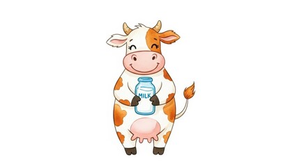 Cartoon Cow Holding Milk Bottle Illustration.